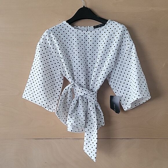 NWT Zara XS Wrap Tie Polka Dot Blk White Blouse Coquette Bow Modest Feminine Top - Picture 2 of 15